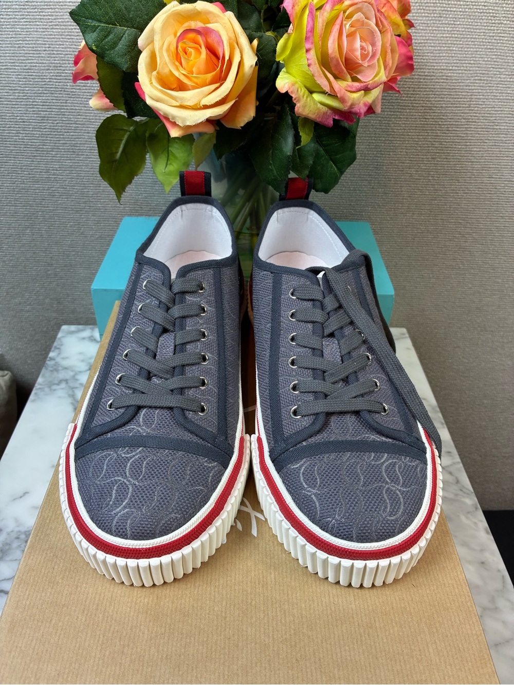 Christian Louboutin Mens Pedro Junior Gray Jacquard Sneakers EU Size 43 = US 10